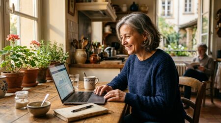 Femme souriante consultant son épargne sur ordinateur