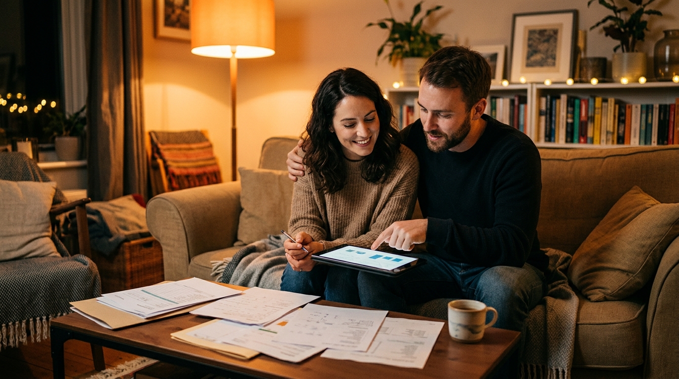 Couple consultant ensemble ses documents d'épargne à la maison