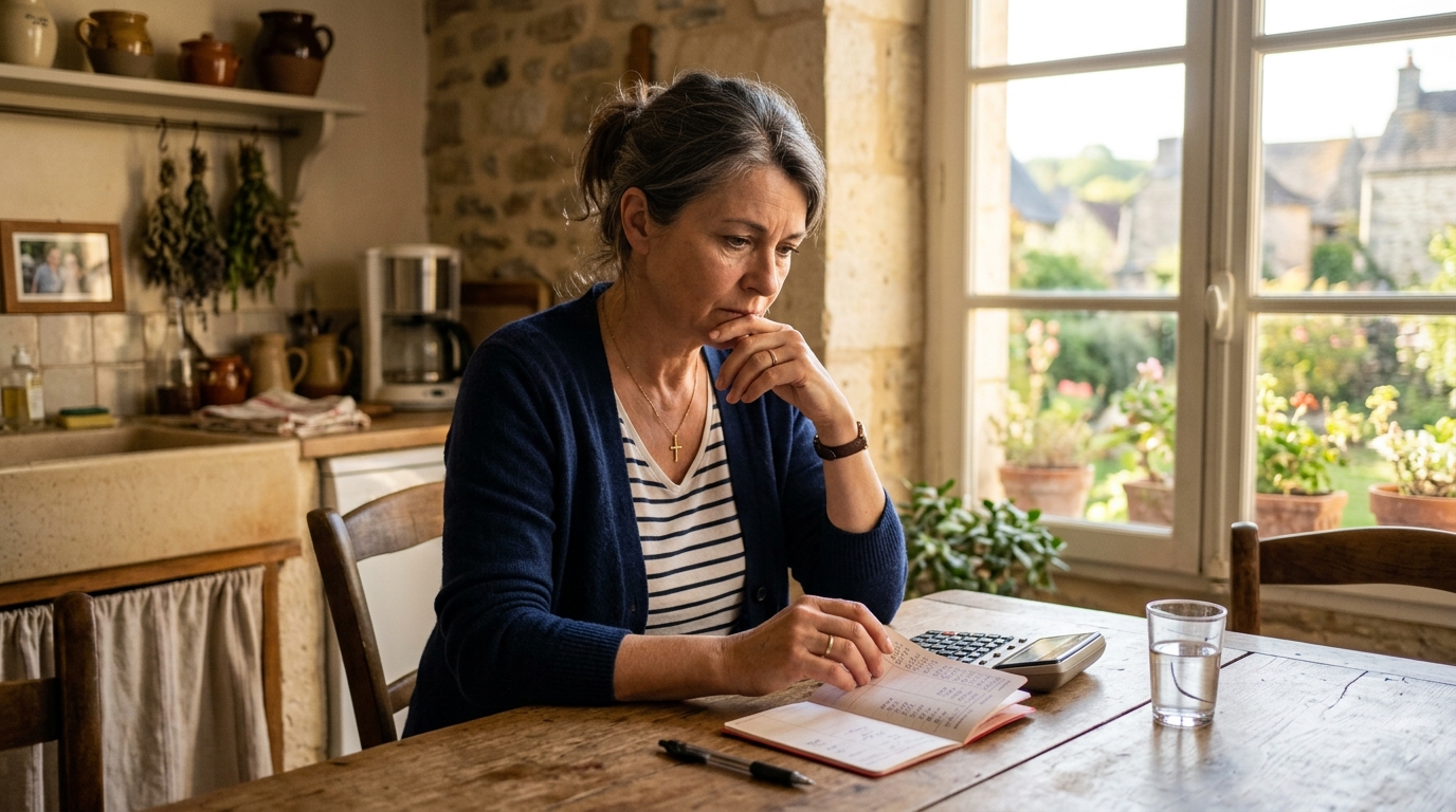 Femme regardant son livret d'épargne à la maison