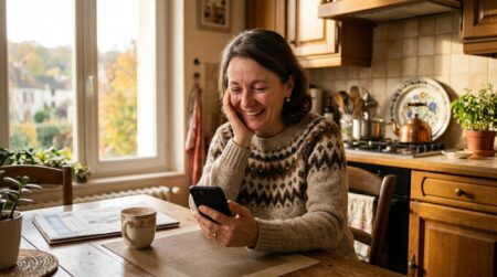 Femme souriante consultant son épargne sur smartphone
