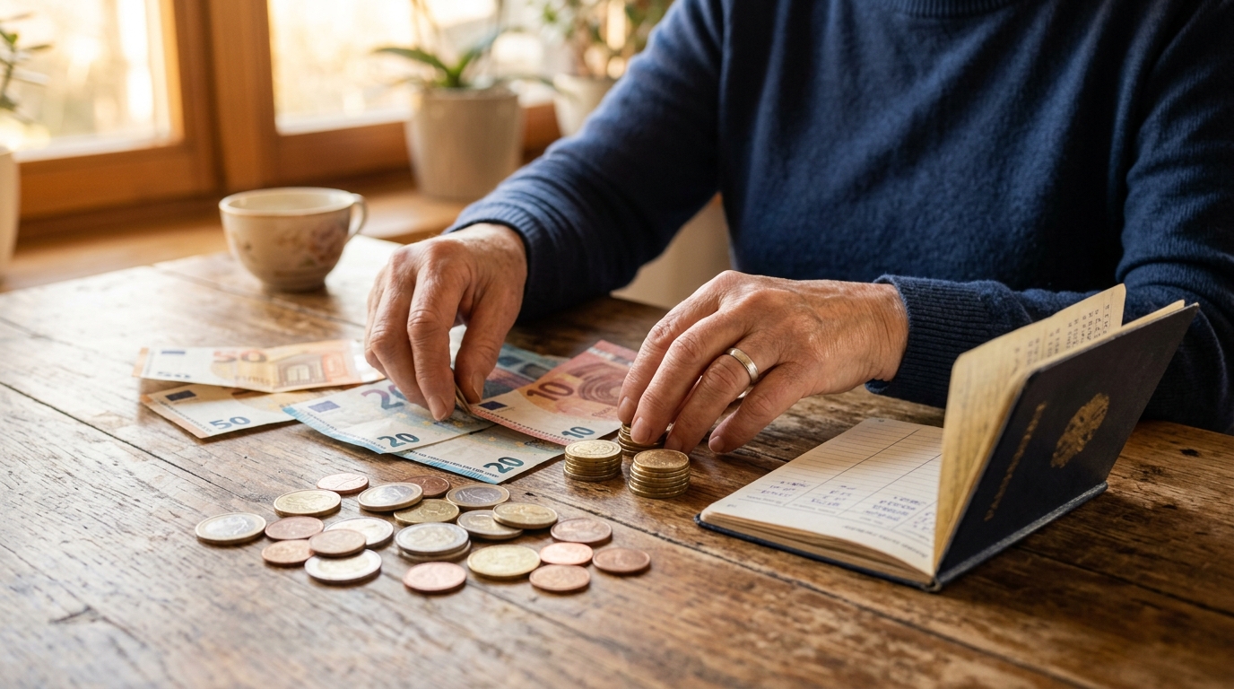 Mains comptant des pièces et billets près d'un livret