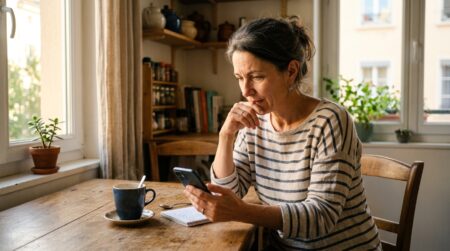 Femme consultant son épargne sur smartphone à la maison