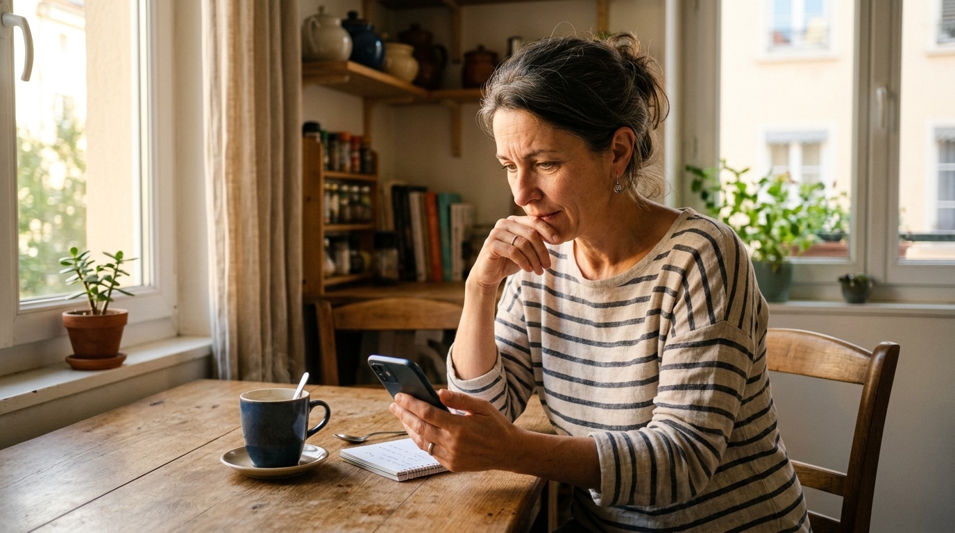 Femme consultant son épargne sur smartphone à la maison