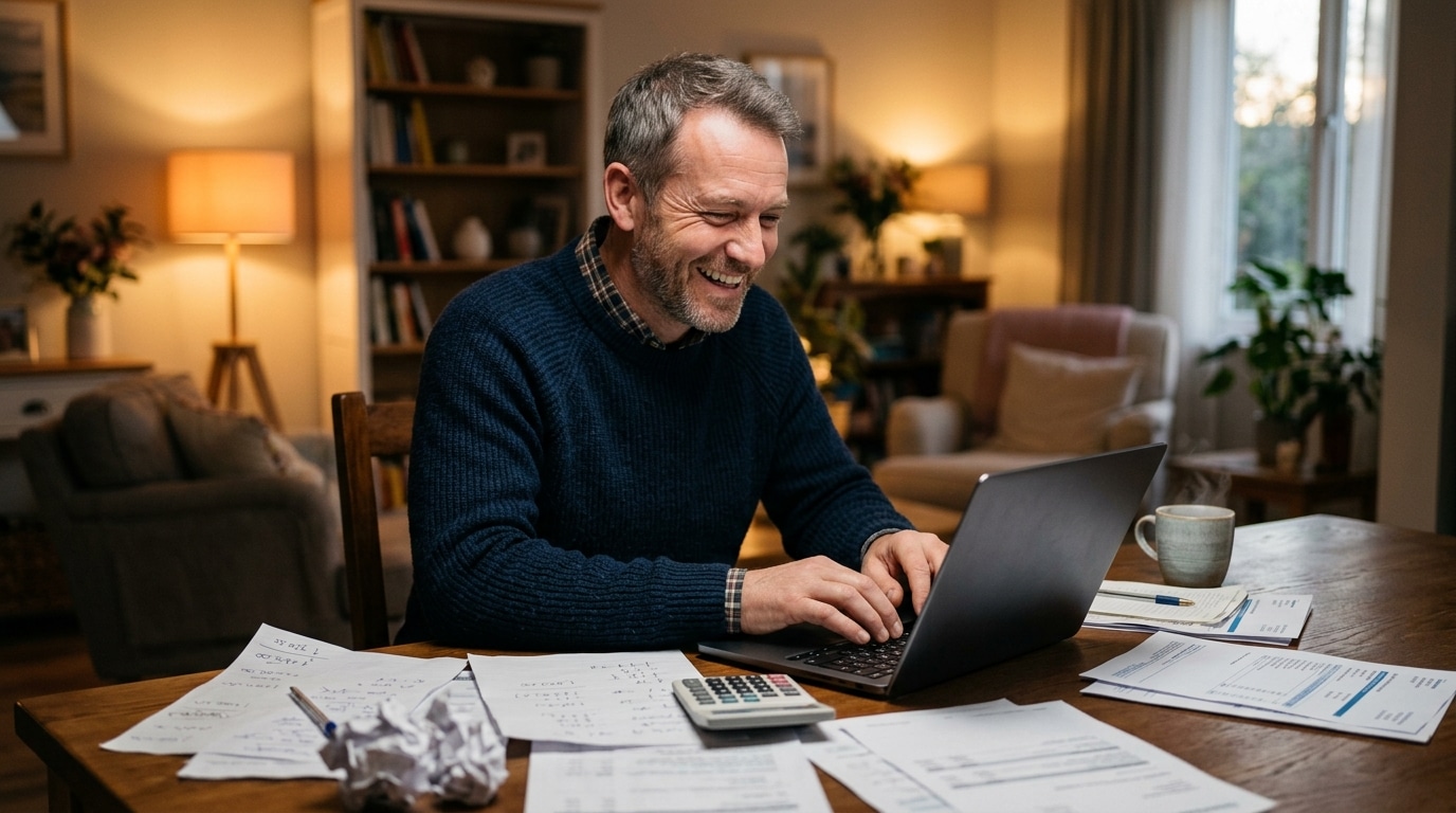 Homme souriant devant son ordinateur en calculant ses économies