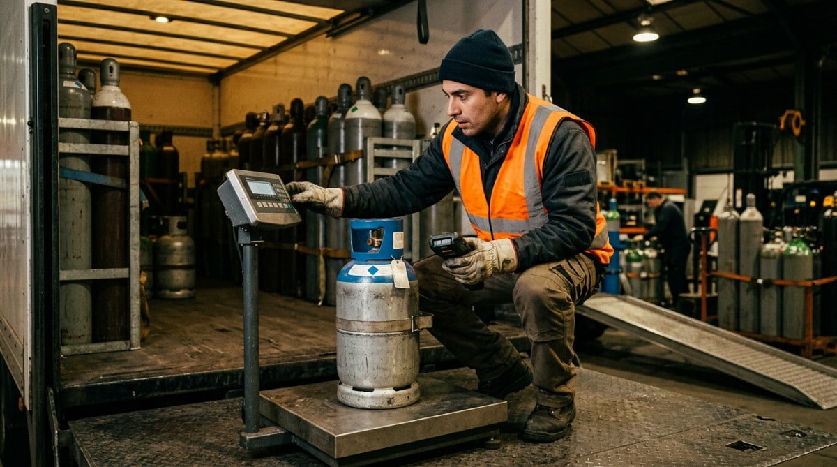 Livreur vérifiant une bouteille de gaz industrielle