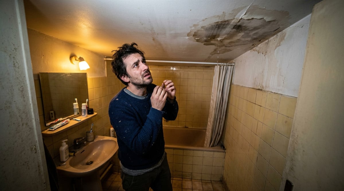 Locataire inquiet face à une fuite d'eau au plafond
