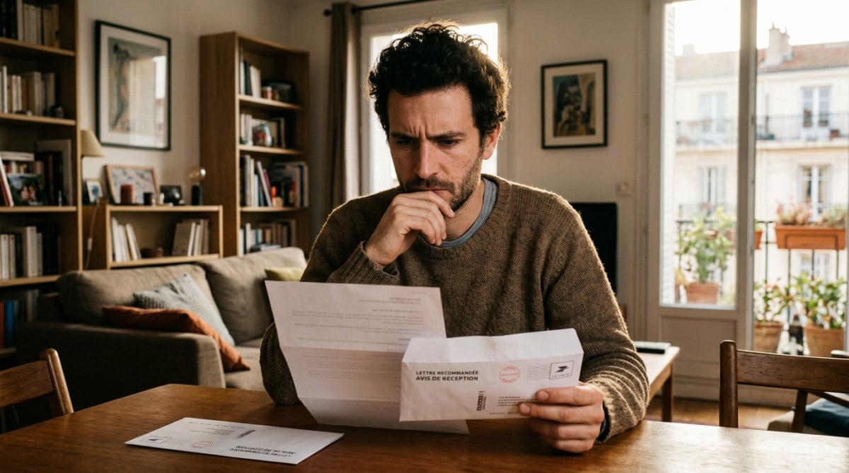Locataire lisant un courrier recommandé de vente inquiet