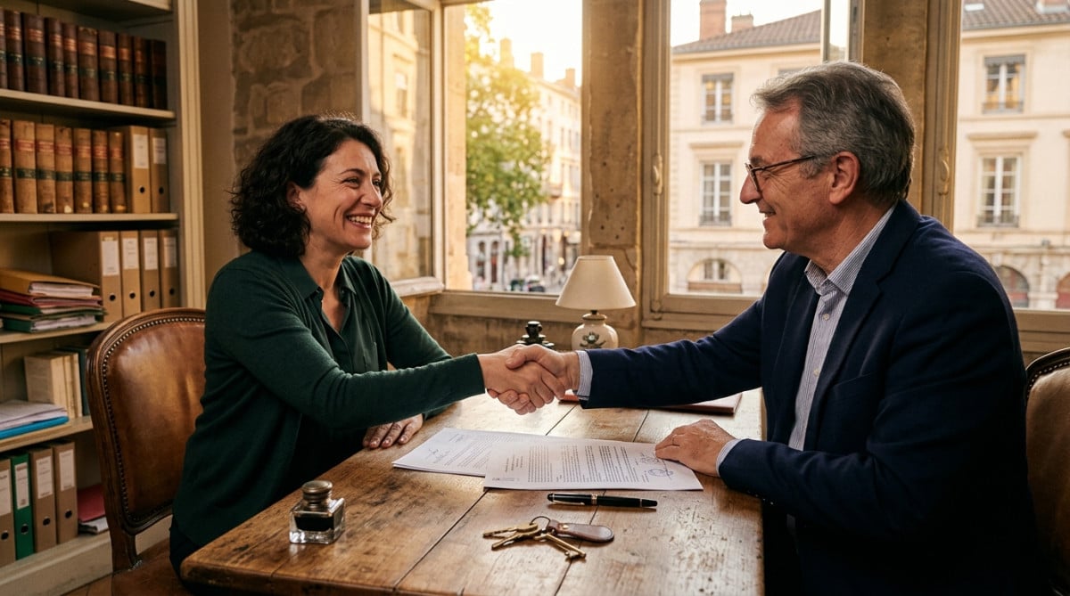 Locataire signant l'achat de son logement chez le notaire
