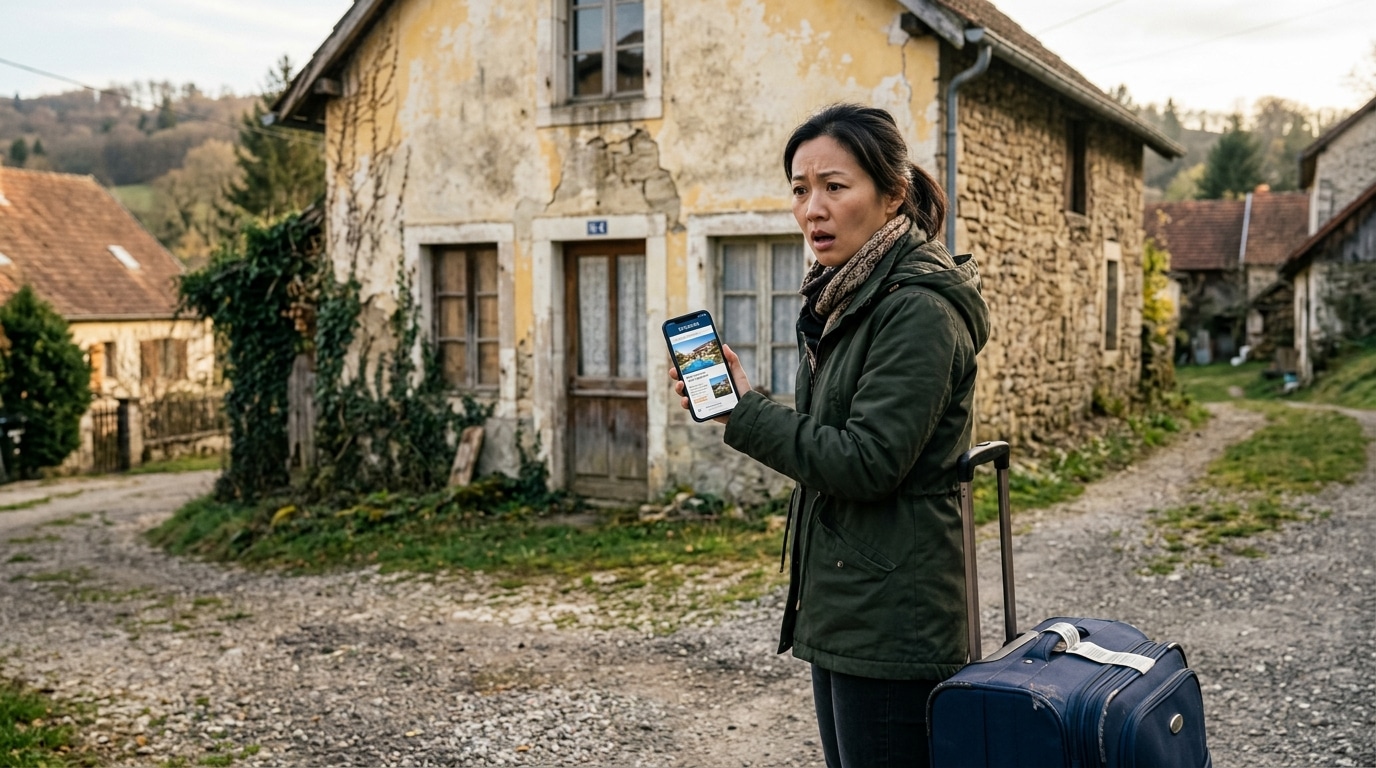 Touriste déçu devant une location de vacances non conforme