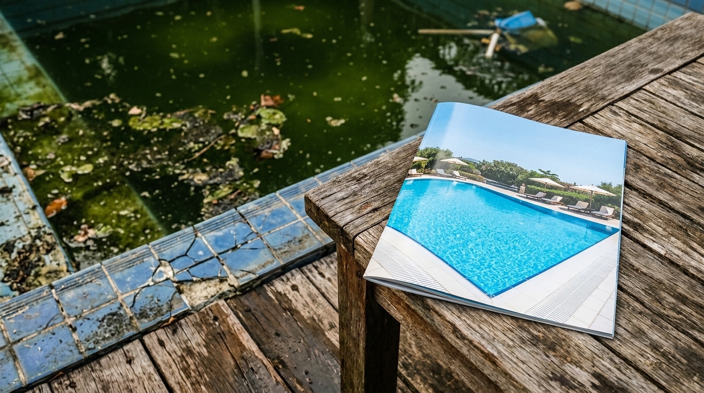 Piscine sale comparée à une photo d'annonce trompeuse