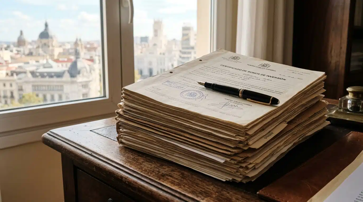 Documents financiers et obligations d'État sur bureau madrilène