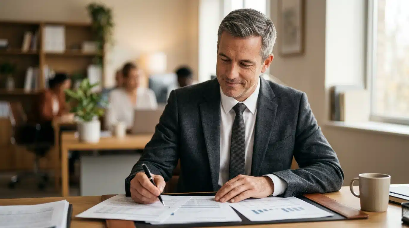 Investisseur souriant consultant des papiers d'investissement