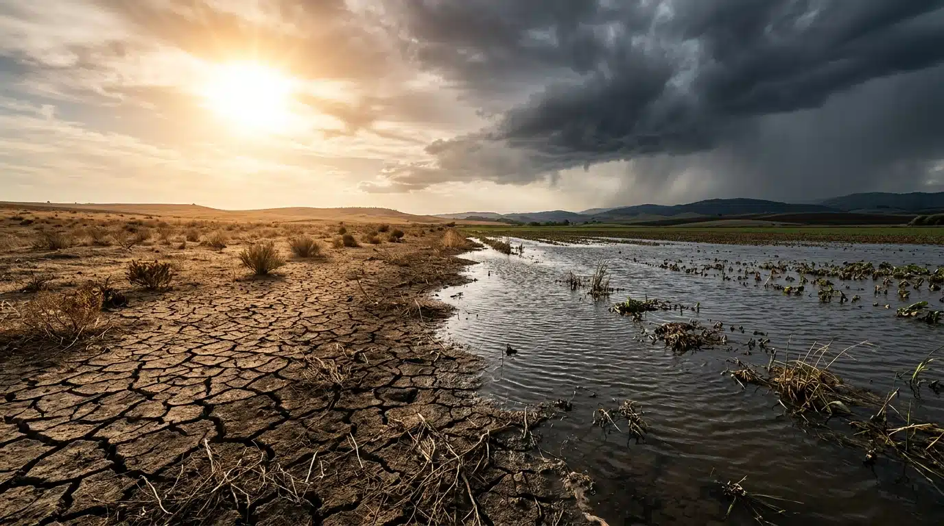 Terre craquelée par la sécheresse face à un ciel orageux