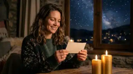 Femme souriante tenant un ticket de loto le soir