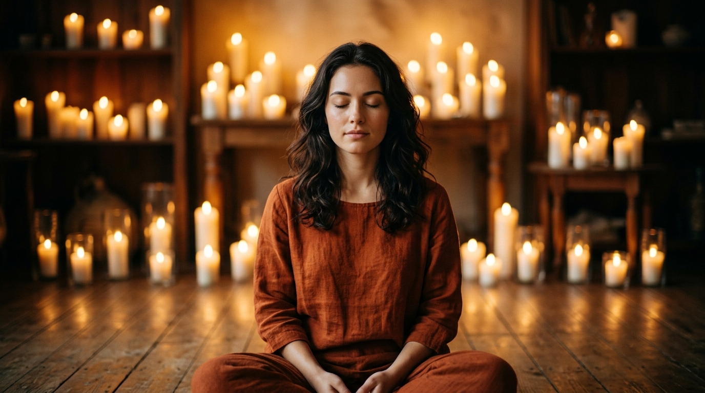 Jeune femme intuitive entourée d'une lumière mystique