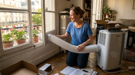 Femme installant un climatiseur loué pendant la canicule