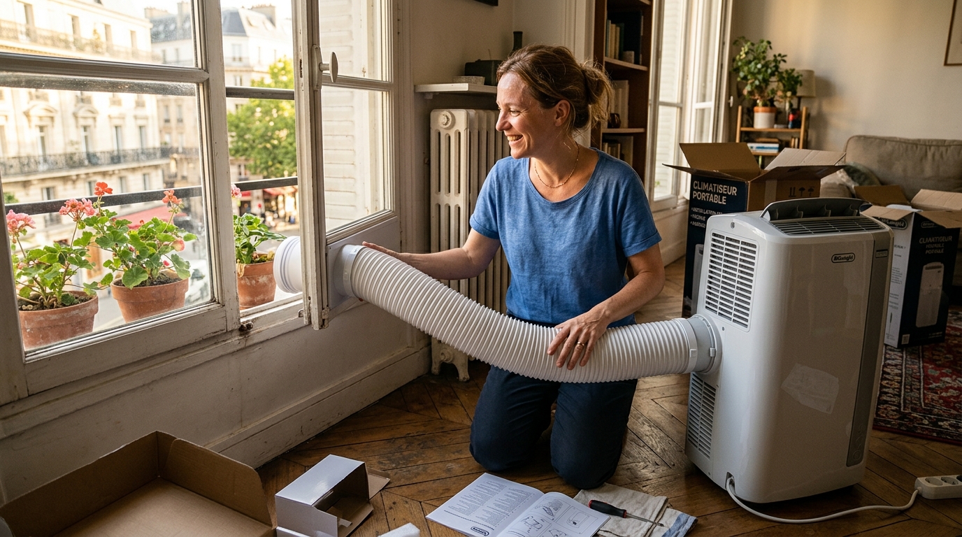 Femme installant un climatiseur loué pendant la canicule