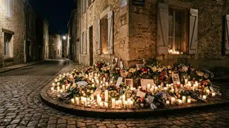 Bougies et fleurs déposées en hommage nocturne dans la rue