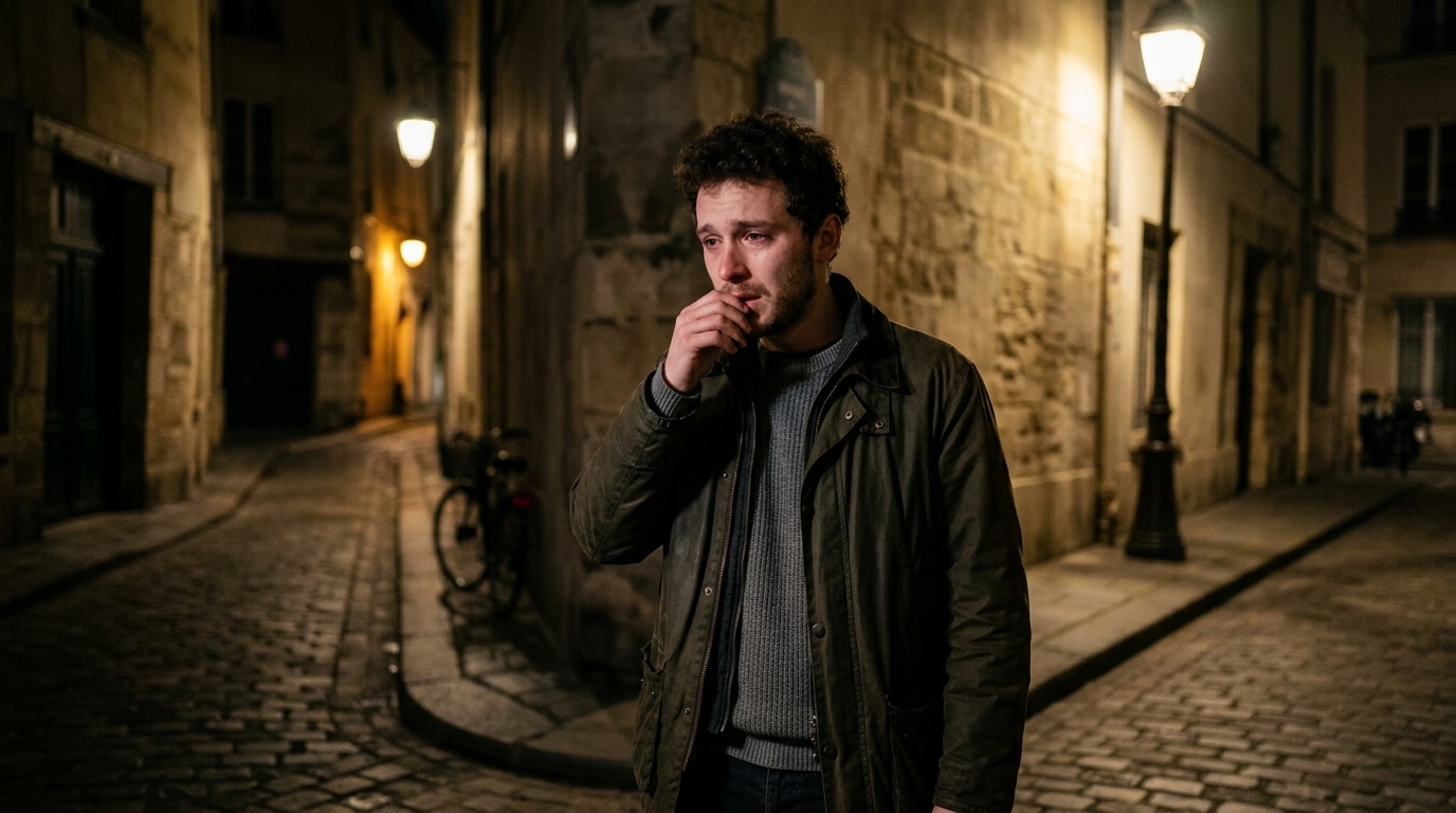 Jeune homme anonyme au visage grave dans une ruelle