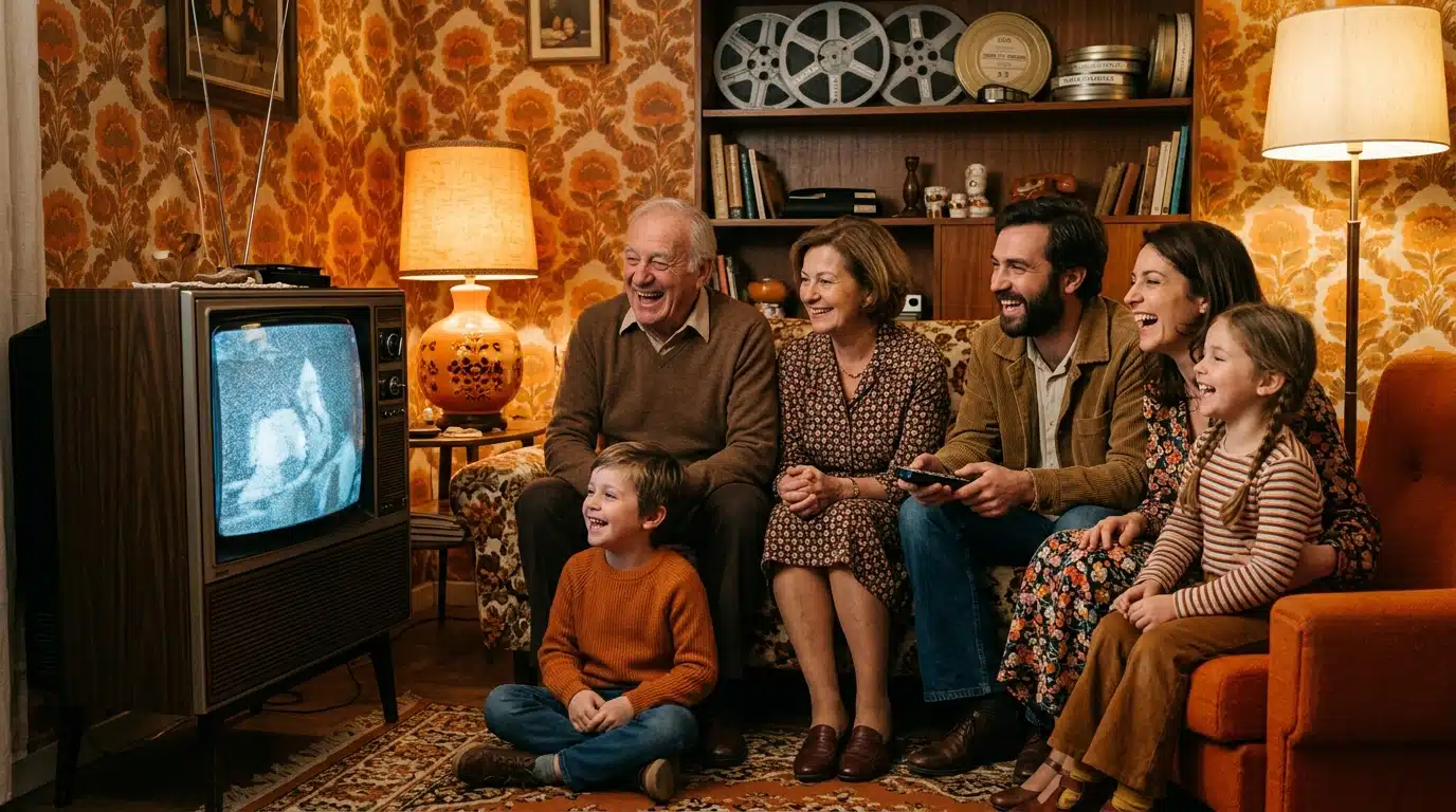Famille française riant devant la télévision dans les années 70