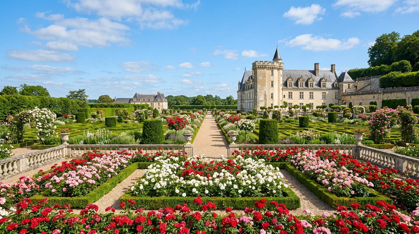 Jardin de roses du château de Clermont au Cellier