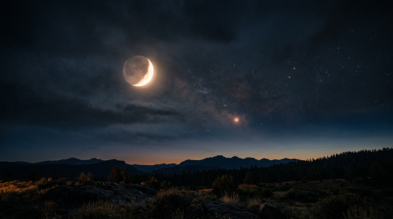 Lune et planète rougeoyante dans un ciel nocturne