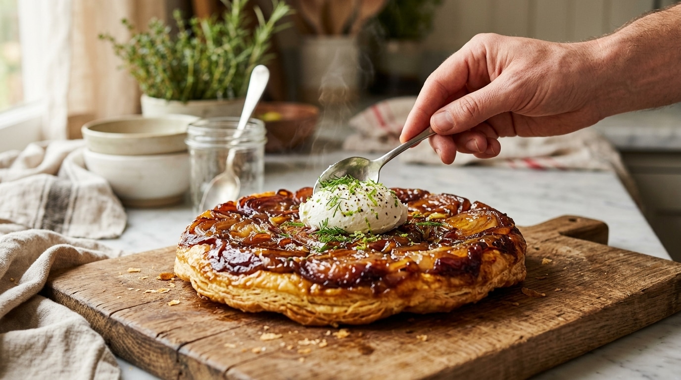 Tatin d'oignons dorée avec quenelle de chèvre et aneth