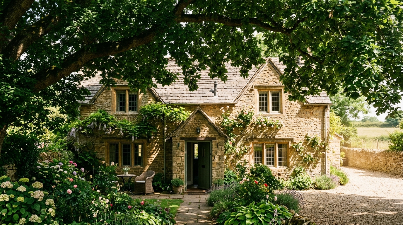 Maison ombragée par un grand arbre en été