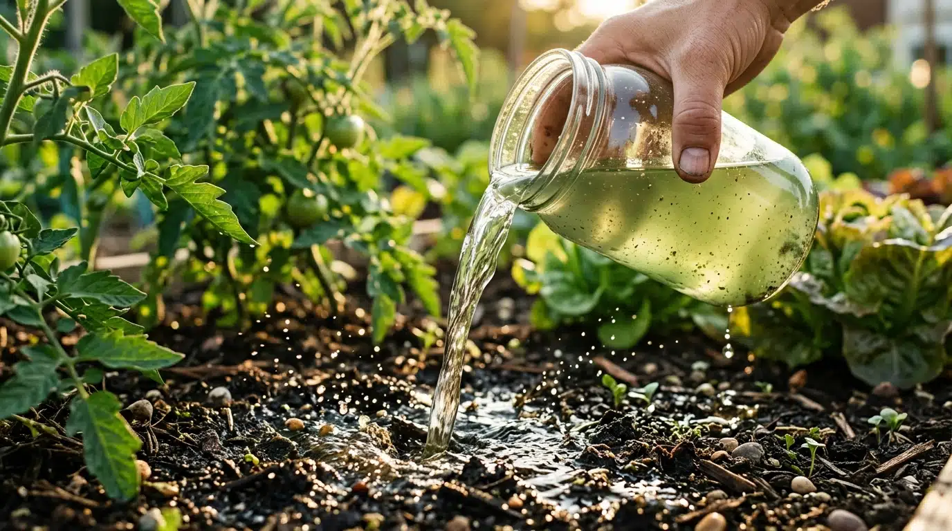 Eau trouble d'aquarium versée sur un potager