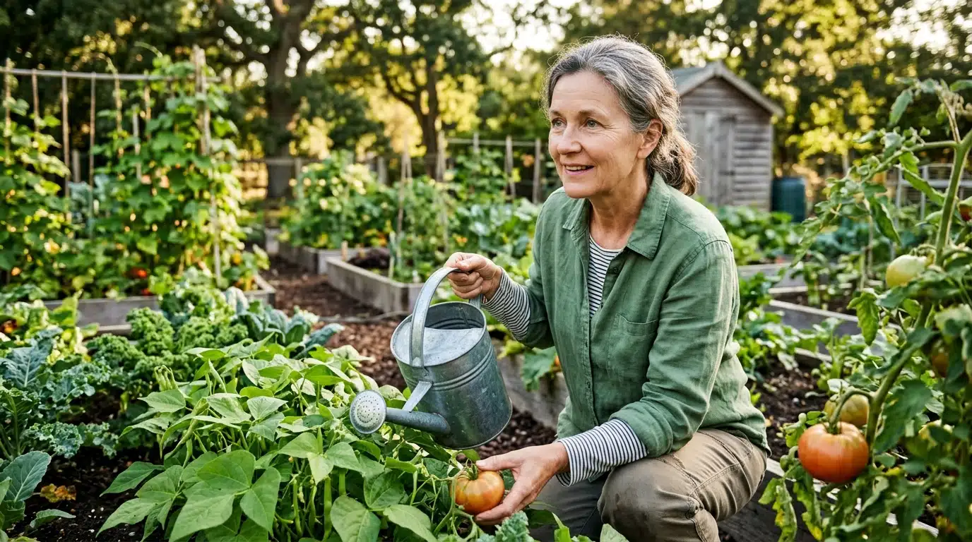 Jardinier souriant arrosant ses légumes en plein soleil
