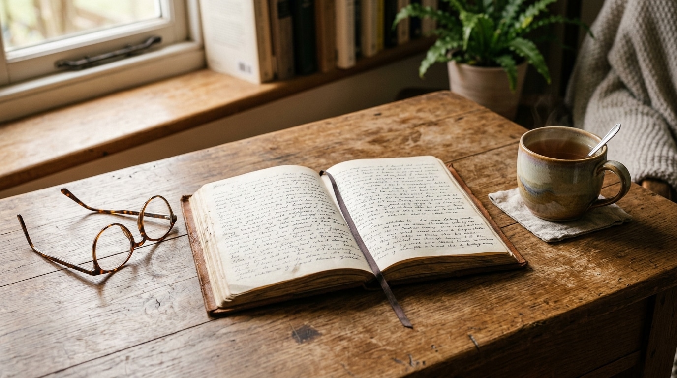 Livre ouvert sur un bureau en bois avec lunettes
