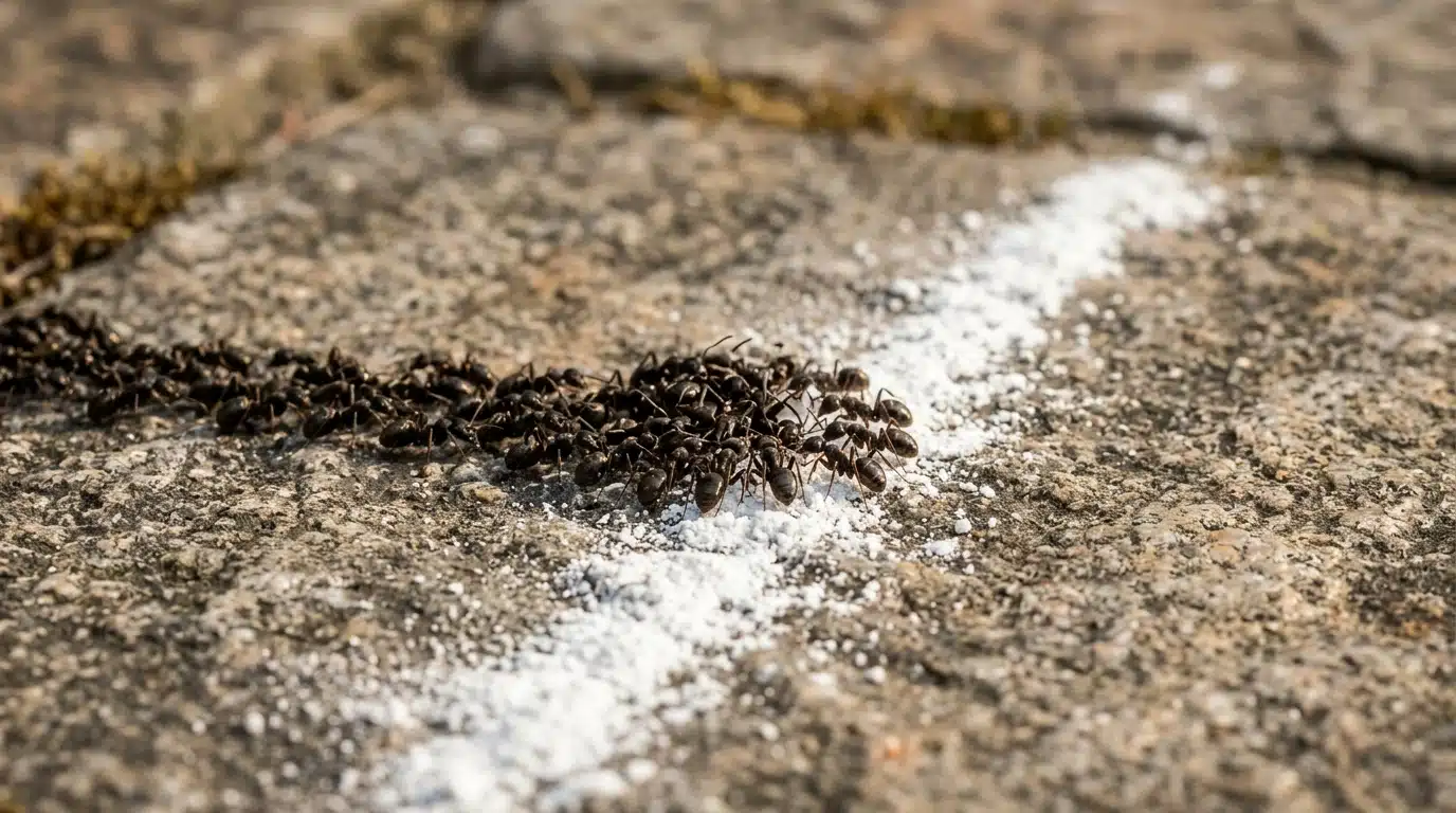 Fourmis stoppées devant une ligne de craie blanche