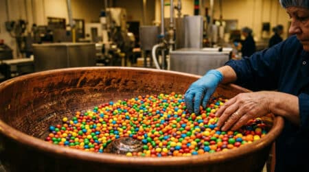 Machine de panning industrielle enrobant des bonbons colorés