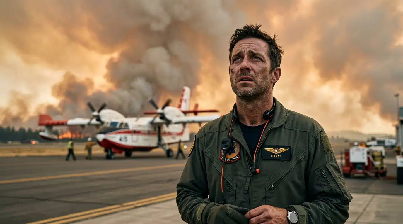 Pilote inquiet observant un ciel enfumé par les incendies