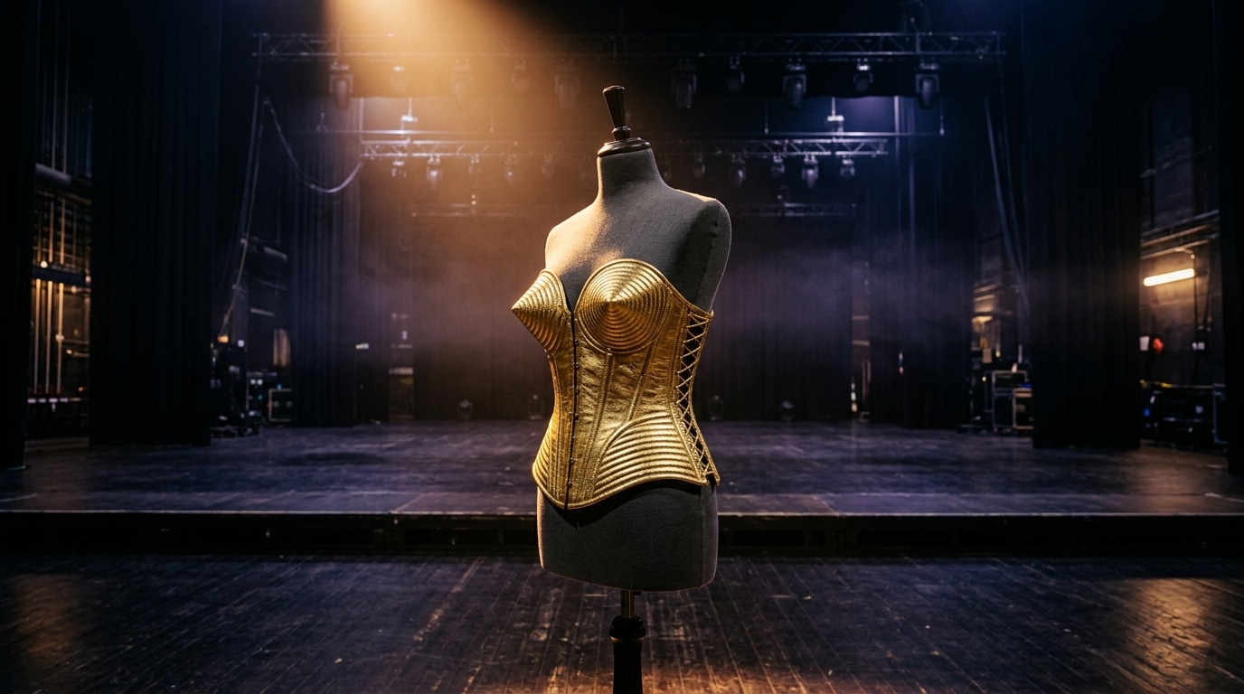 Bustier conique doré iconique sur scène, symbole des années 90
