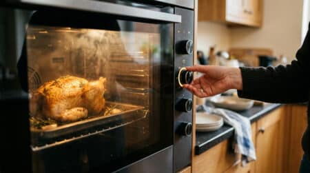 Main ajustant le four avec poulet doré visible à l'intérieur