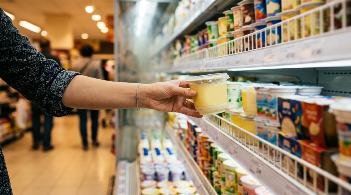 Main choisissant un dessert lacté dans un rayon de supermarché