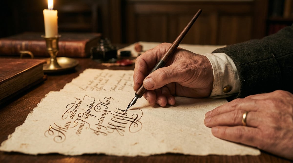 Main écrivant une écriture cursive à la plume ancienne