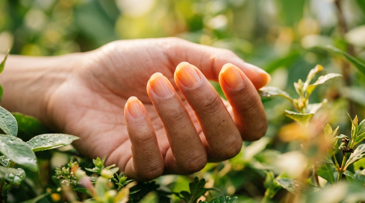 Main humaine avec des ongles sains en lumière dorée