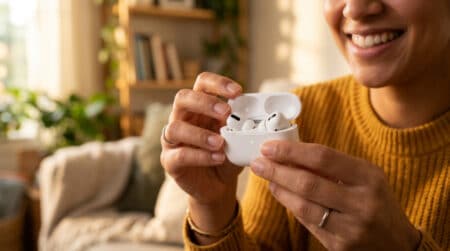 Main ouvrant un boîtier de charge AirPods Pro blanc