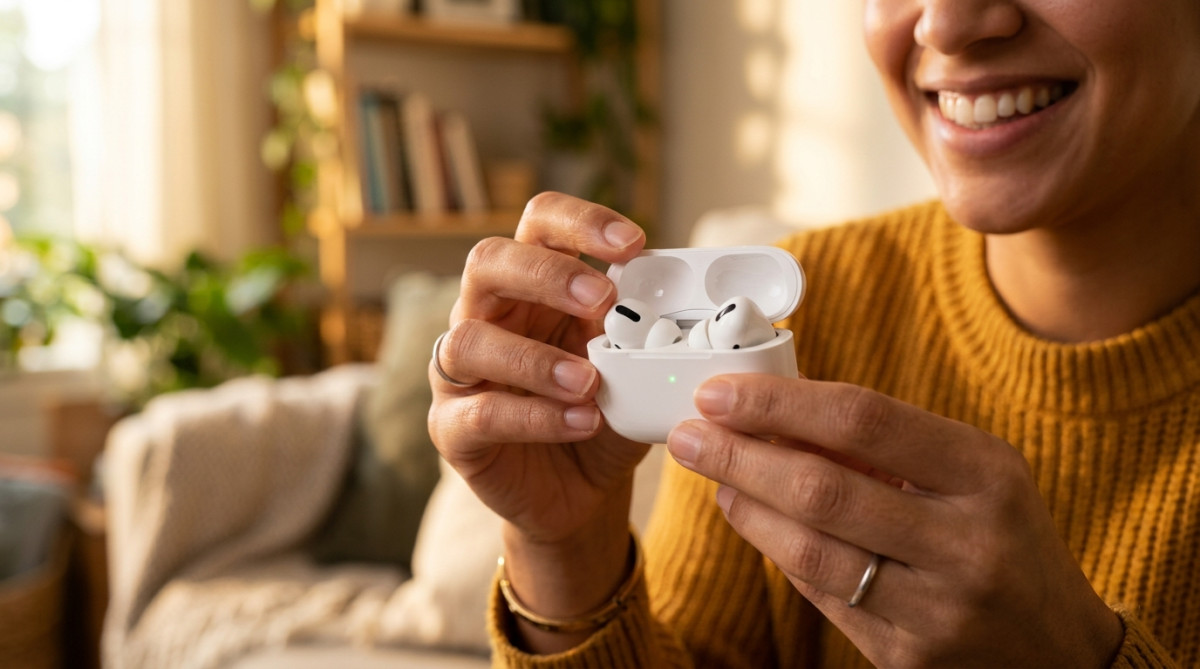 Main ouvrant un boîtier de charge AirPods Pro blanc