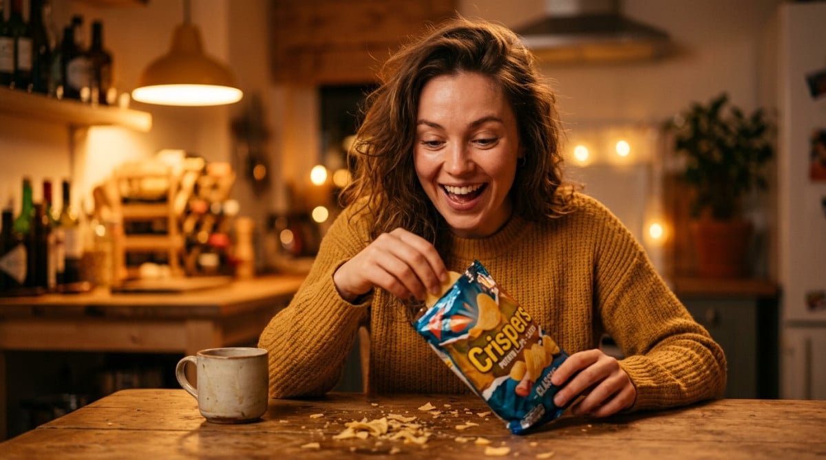 Main plongeant dans un paquet de chips ouvert