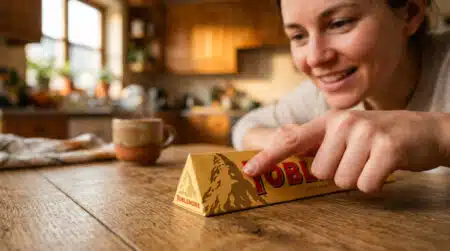 Main pointant le logo montagne sur l'emballage Toblerone