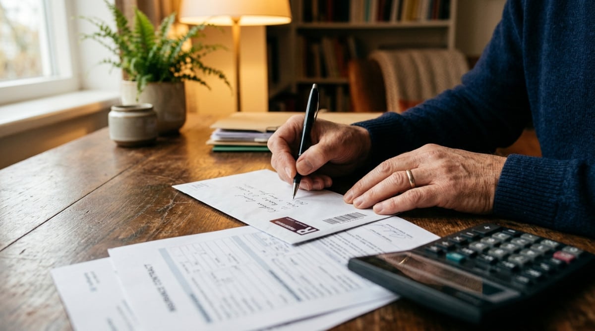 Main rédigeant une lettre recommandée de résiliation assurance