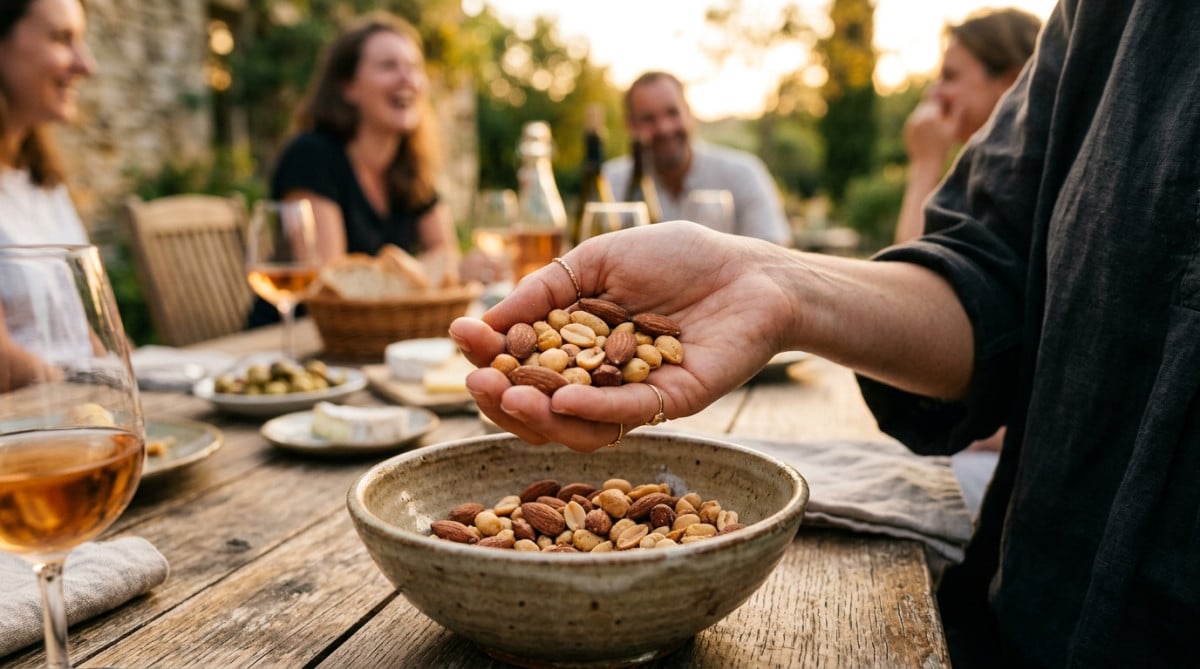 Main tenant des cacahuètes et amandes à l'apéritif