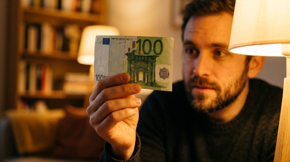 Main tenant un billet de banque à la lumière