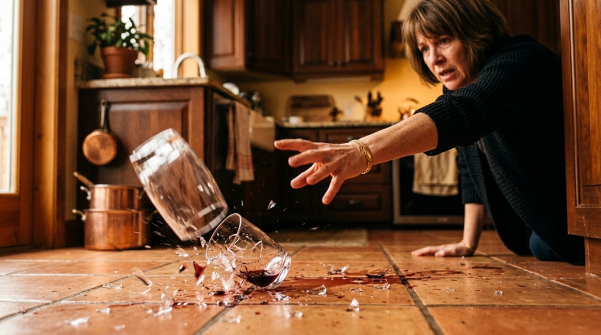 Main tendue trop tard vers un verre qui tombe