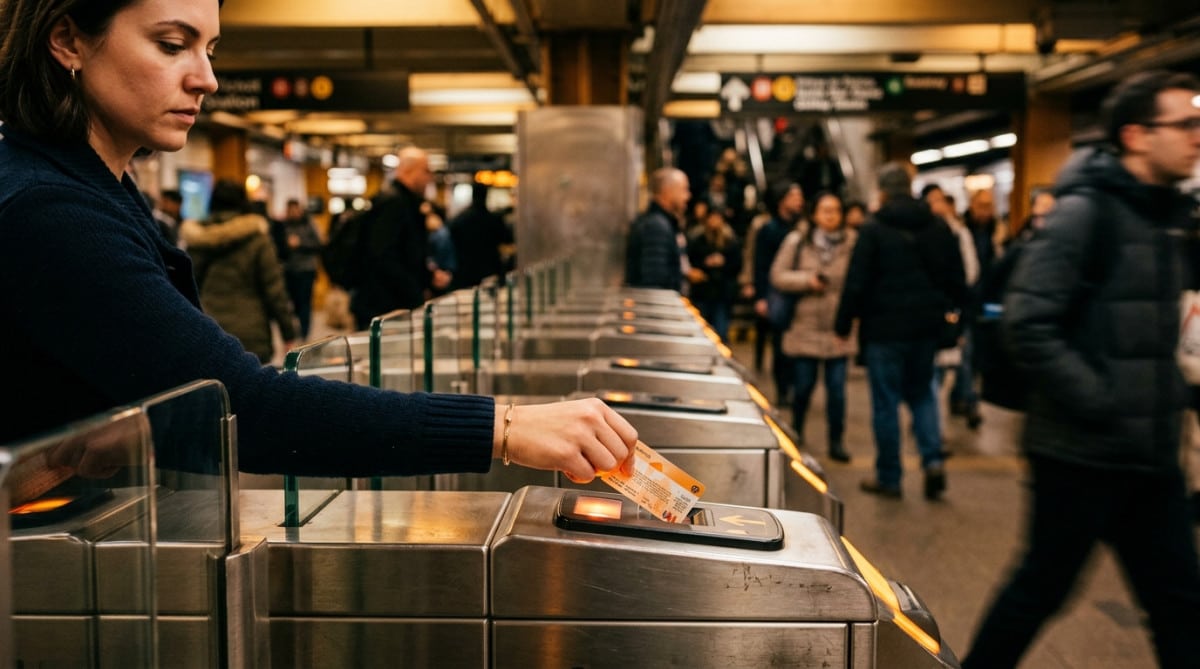 Main validant un ticket de métro au portique