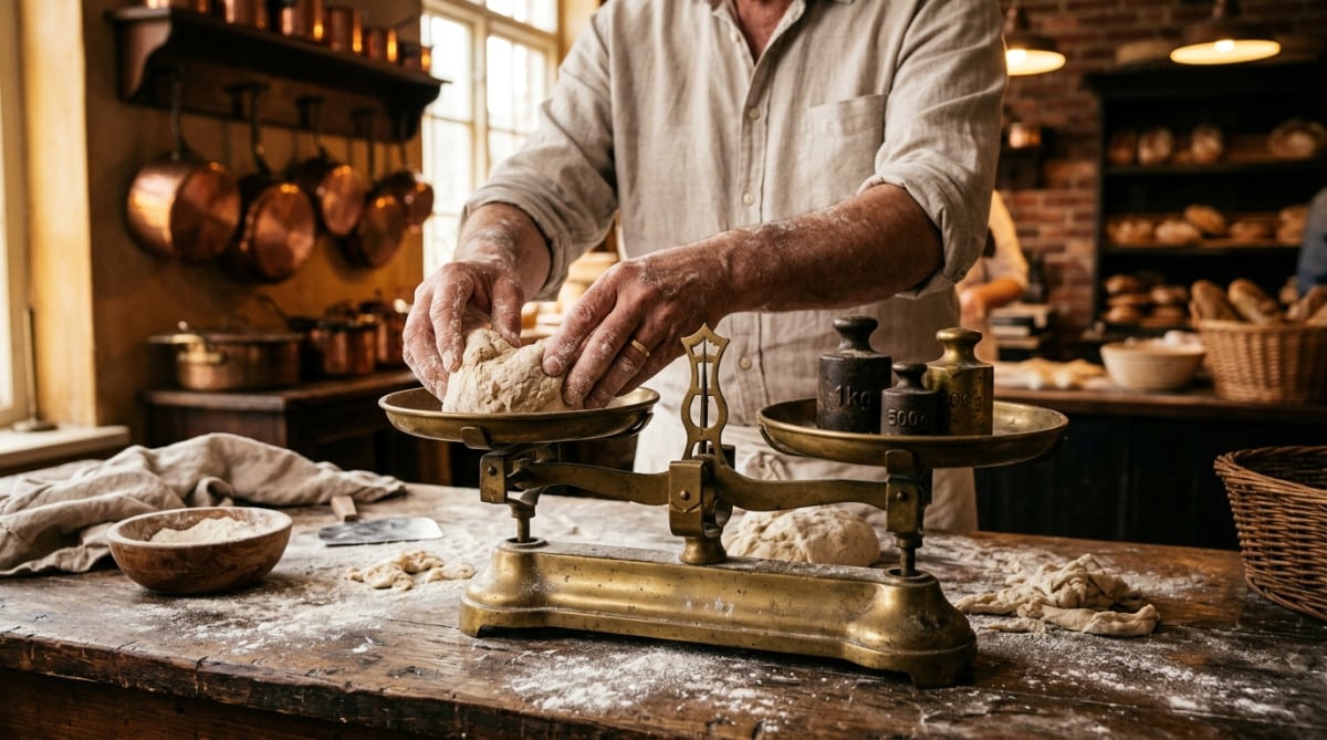 Mains de boulanger pesant un pâton de pain