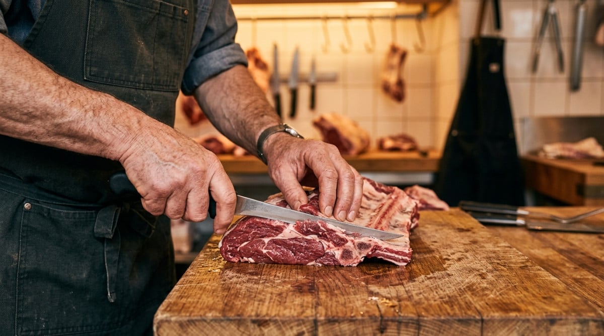 Mains expertes désossant une pièce de viande au couteau
